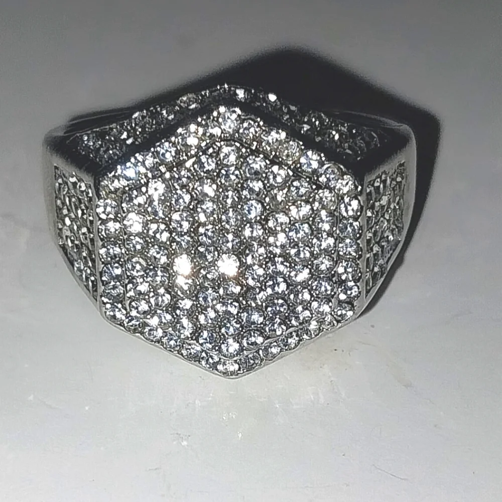 Modern Men's Silvery Hexagonal Diamond Ring Sz 13